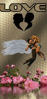 Romantic angelic wallpaper with couple, wings, and pink roses on gold background.