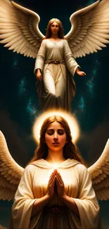 Mobile wallpaper of serene angels with wings in a celestial setting.