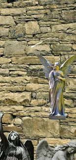 Angelic statue on rustic stone wall background.