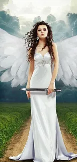 Angel with wings in a green field under a stormy sky wallpaper.