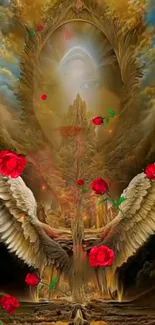 Angelic figure with wings surrounded by red roses in celestial scenery.