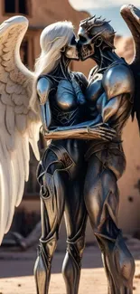 Futuristic angel and demon sculpture embracing in a desert.