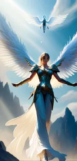 Angelic warrior with wings in a fantasy landscape.