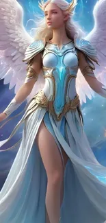 Angelic warrior with celestial wings in a fantasy celestial setting.