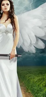 Elegant angel in white dress holding a sword with cloudy sky background.