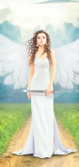 Angelic warrior standing on a path with wings under a cloudy sky.