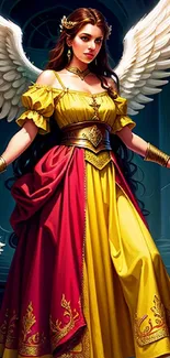 Angelic warrior in red and gold attire with a gothic backdrop.