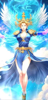 Angelic warrior in a blue dress surrounded by glowing clouds.