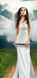 Ethereal angel in a white dress holds a sword under a stormy sky.