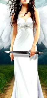 Elegant angelic warrior with wings holding a sword in a mystical setting.