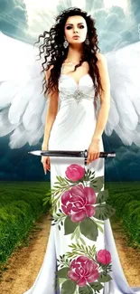 Angelic figure with wings holding a sword on a scenic path.