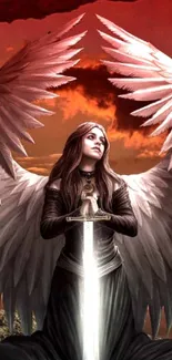 Powerful angelic warrior with wings and glowing sword against a red sky.