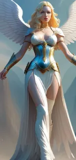 Angelic warrior with wings on fantasy wallpaper.