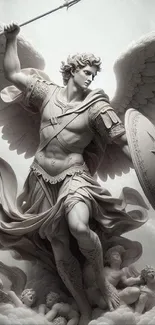 Angelic warrior standing tall among clouds with wings and shield.