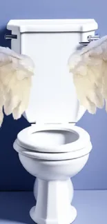 White toilet with angel wings on blue wall.