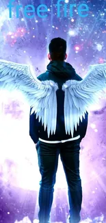 Mobile wallpaper with angelic wings and cosmic background.