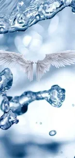 Ethereal wings amidst flowing blue water droplets.