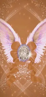 Ethereal wings with a sparkling center and ribbons on a brown background.