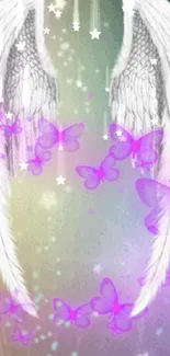 Mobile wallpaper with angelic wings and purple butterflies on a gradient background.