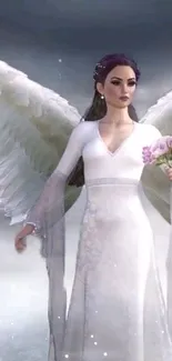 Angelic woman in white dress holding purple flowers.