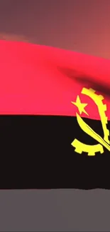 Angola flag waving on a phone screen with red and black colors.