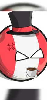 Cartoon ball with a coffee cup and top hat illustration.