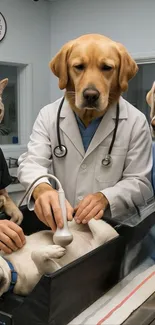 Animals dressed as doctors in a clinic setting.