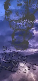 Dog and cat against a stormy purple sky with lightning in artistic style.