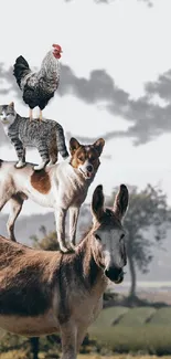 Animal stack with a donkey, dog, cat, and rooster in a countryside setting.