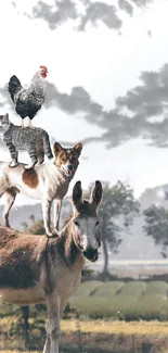 Animals stacked in scenic landscape wallpaper featuring donkey, dog, cat, and rooster.