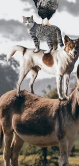 Whimsical animal stack with rooster, cat, dog on donkey in nature.