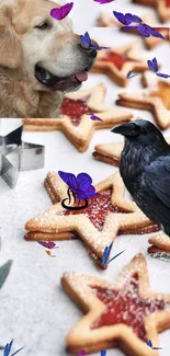 Dog, crow, butterflies, and cookies on a vibrant wallpaper.