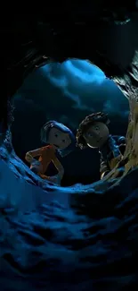 Animated characters peering into a dark tunnel.