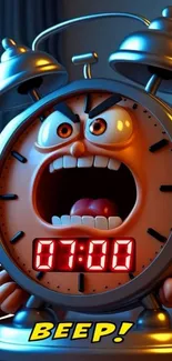 Cartoon alarm clock with a funny face showing 07:00.