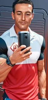 Animated athlete with phone, muscular build, red and blue tones.