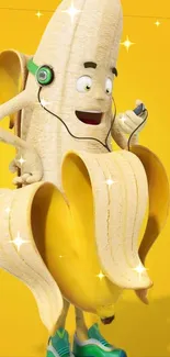 Cartoon banana with headphones on yellow background.