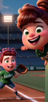 Two lively cartoon characters playing baseball in an animated stadium setting.