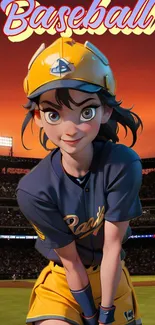 Animated baseball player in uniform with orange sunset background.