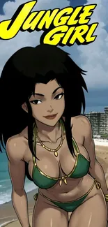 Jungle Girl anime character on a beach with blue sky and ocean.