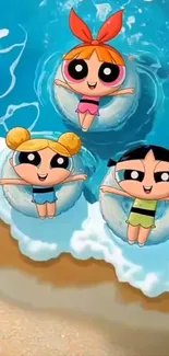 Cartoon characters floating in a pool