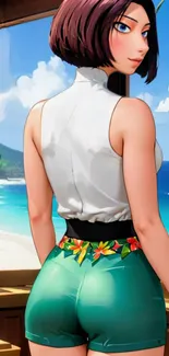 Stylish anime character on a beach with ocean view.