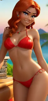 Animated scene with red bikini girl on tropical beach.