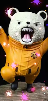 Animated bear in orange suit with colorful festive sparkles.