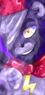 Animated bear with red bow tie on purple background.