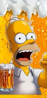 Cartoon character holding a beer mug with a foamy background.