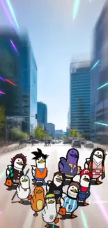 Animated birds in city setting with colorful streaks.