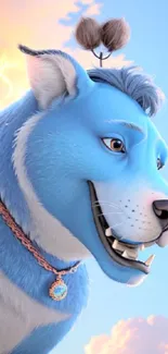 Charming animated blue dog under a vibrant sky, perfect for wallpapers.