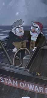 Animated wallpaper of two characters on a boat in a stormy sea.