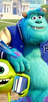 Monsters University characters in a vibrant campus scene.