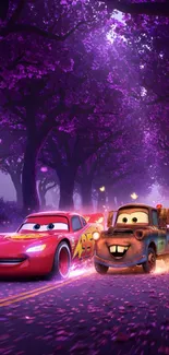 Animated cars race through a purple forest.
